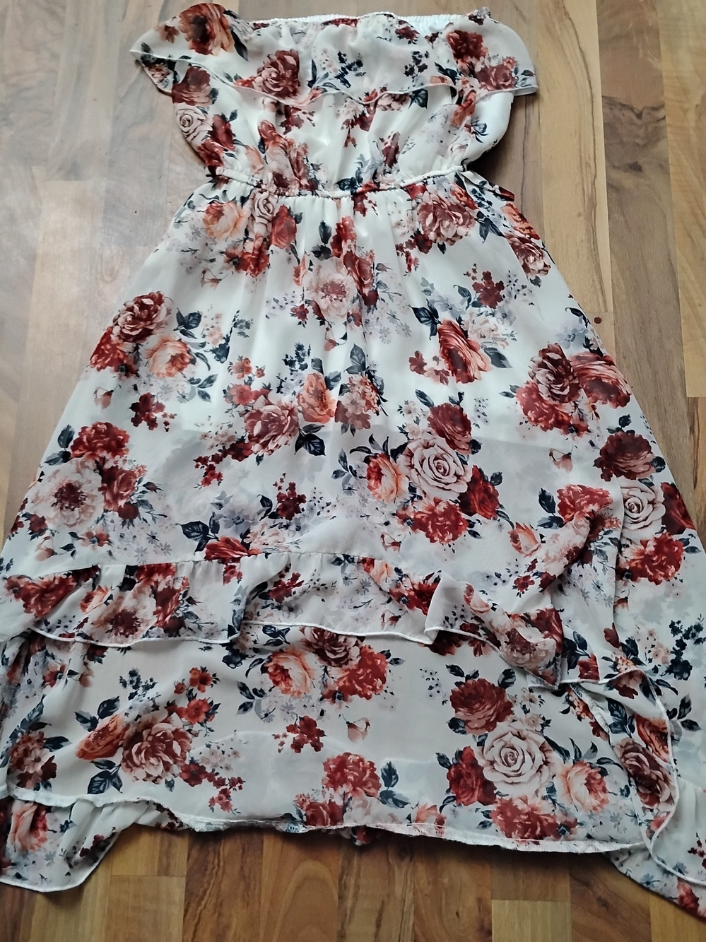 Rue21 Cream Floral Asymmetrical Ruffle Dress with Rust Roses